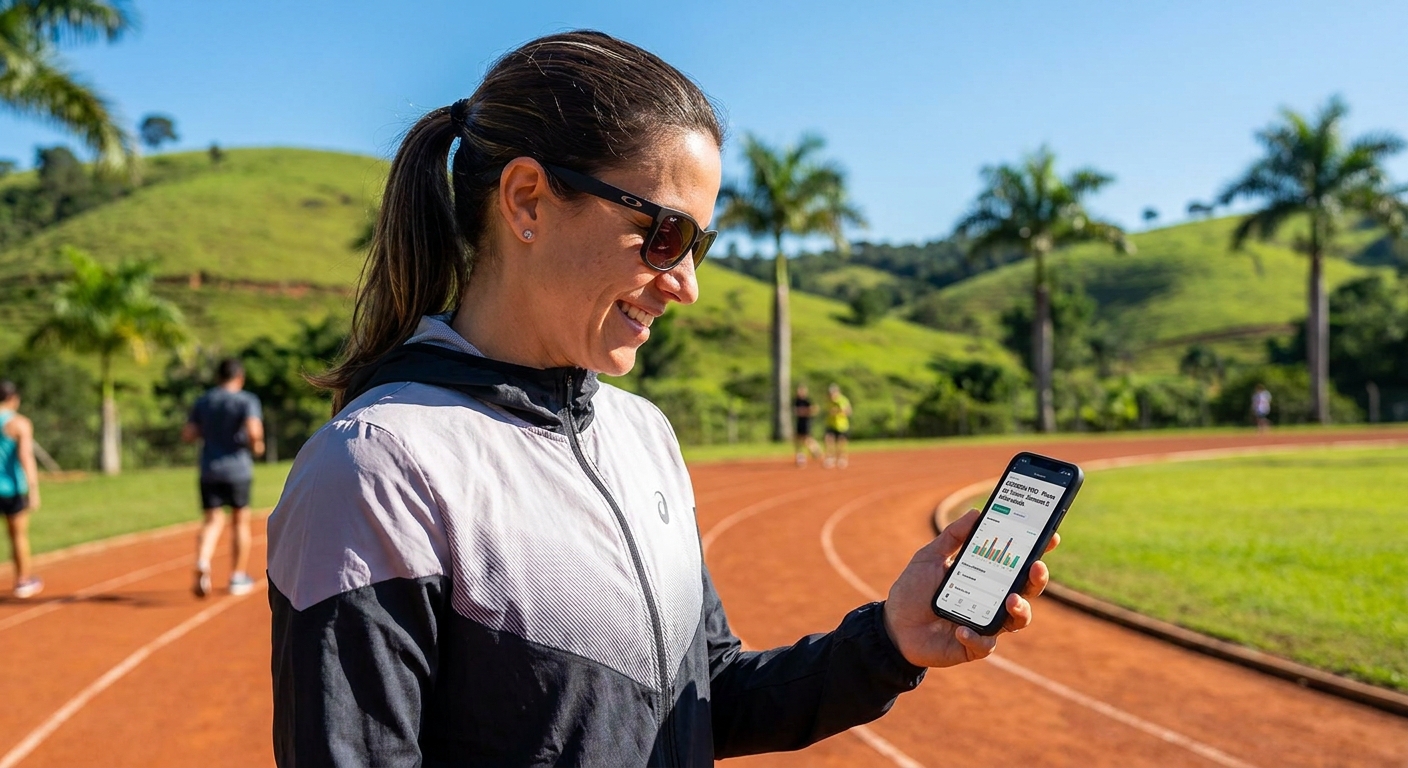 Coach de corrida usando app Personal Millbody para acompanhar treino ao ar livre