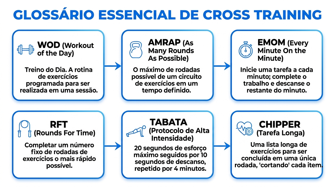 Glossário Cross Training com siglas WOD, AMRAP, EMOM, RFT, Tabata e Chipper