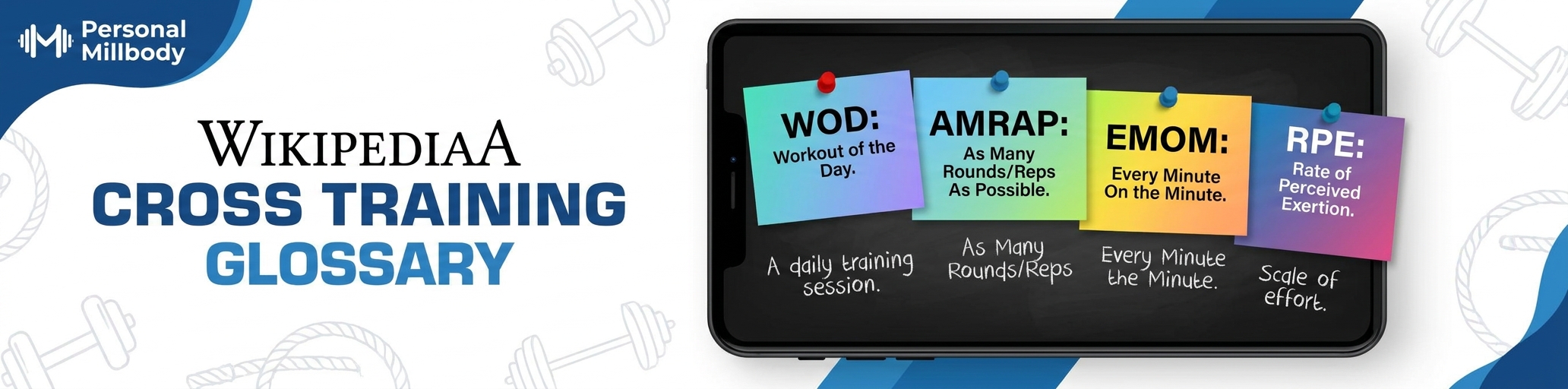 Glossário Cross Training com termos WOD, AMRAP, EMOM, RPE e logo Personal Millbody