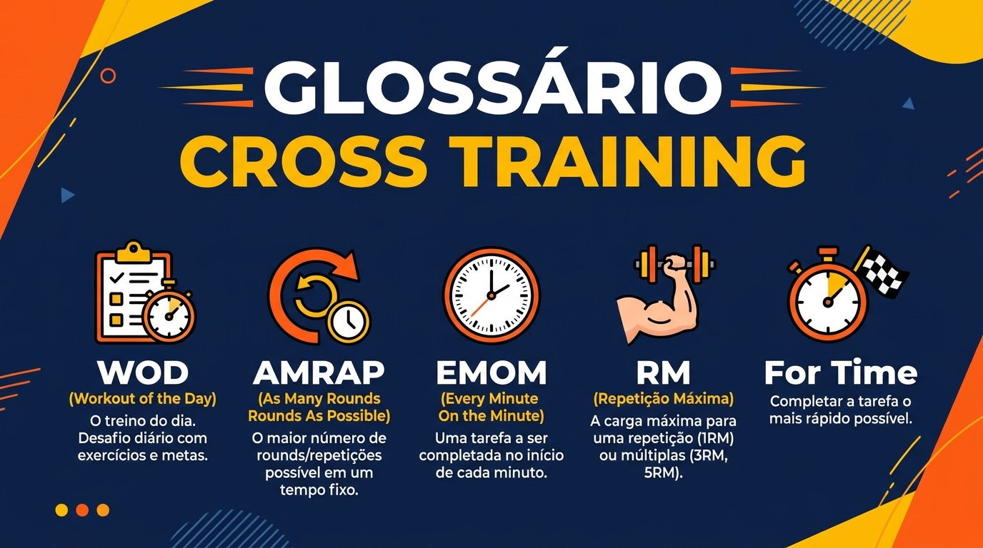 Infográfico glossário cross training WOD AMRAP EMOM RM força resistência técnica