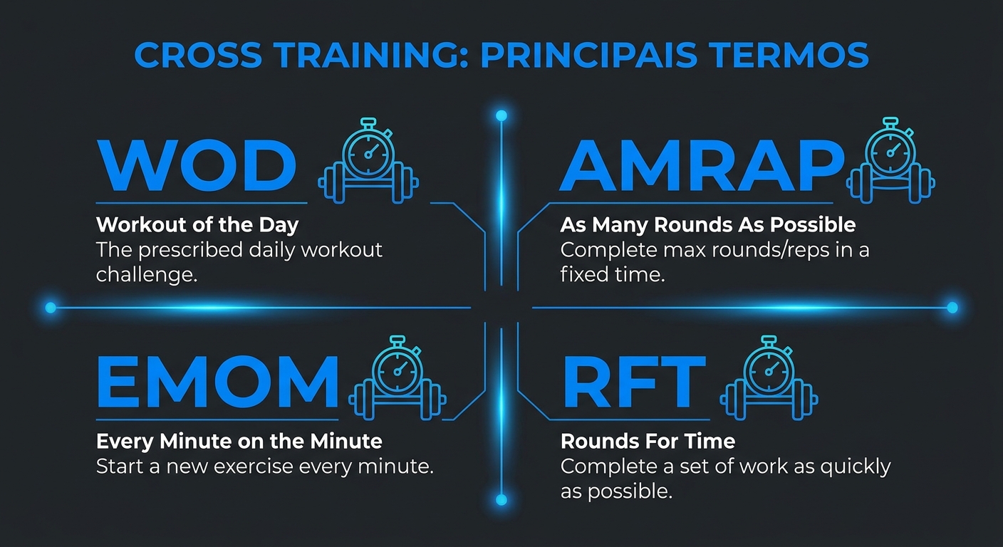 Infográfico com os principais termos do Cross Training: WOD, AMRAP, EMOM e RFT