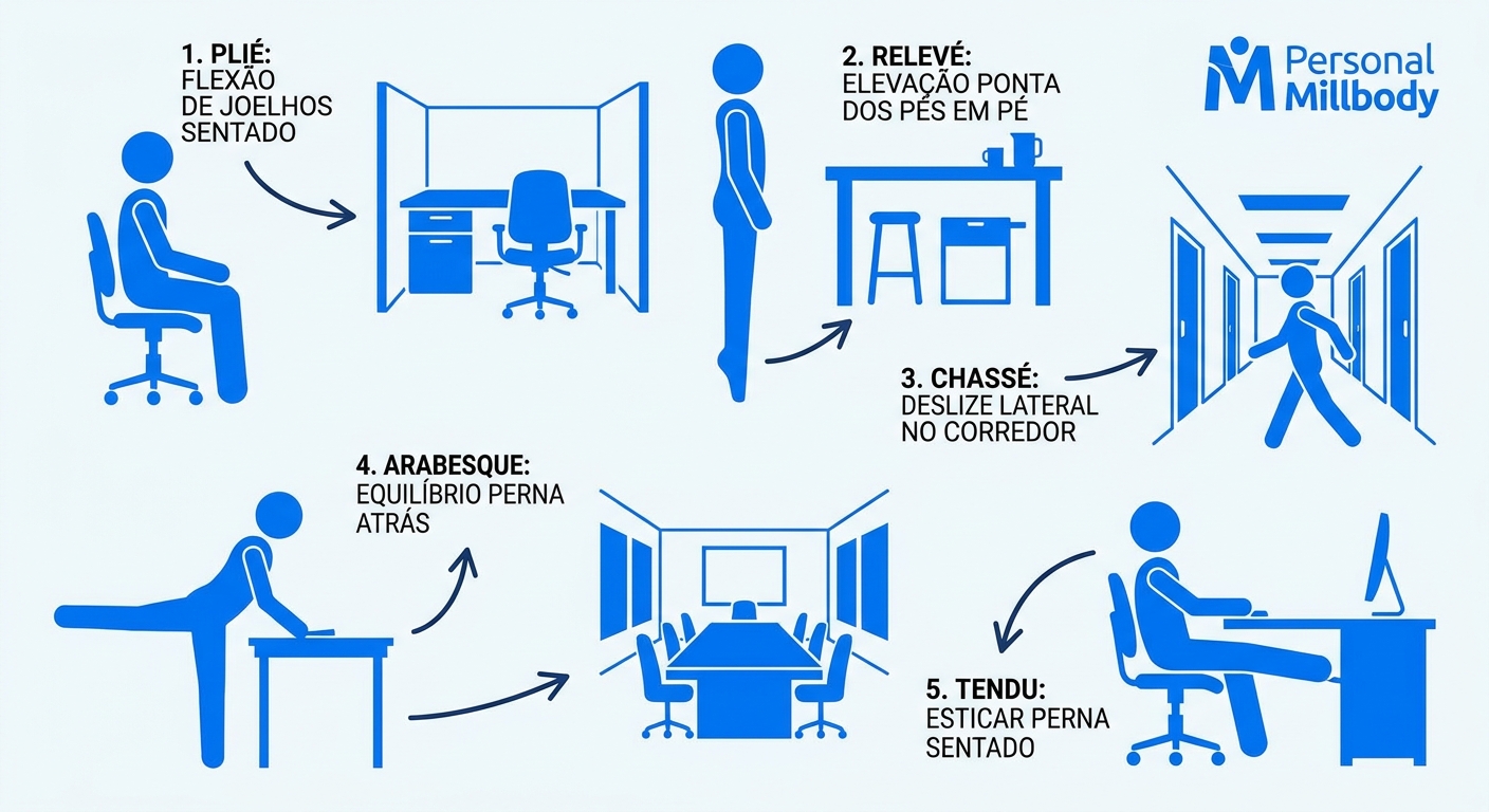 Infográfico com termos de dança corporativa: plié, relevé, chassé, arabesque e tendu adaptados para o escritório
