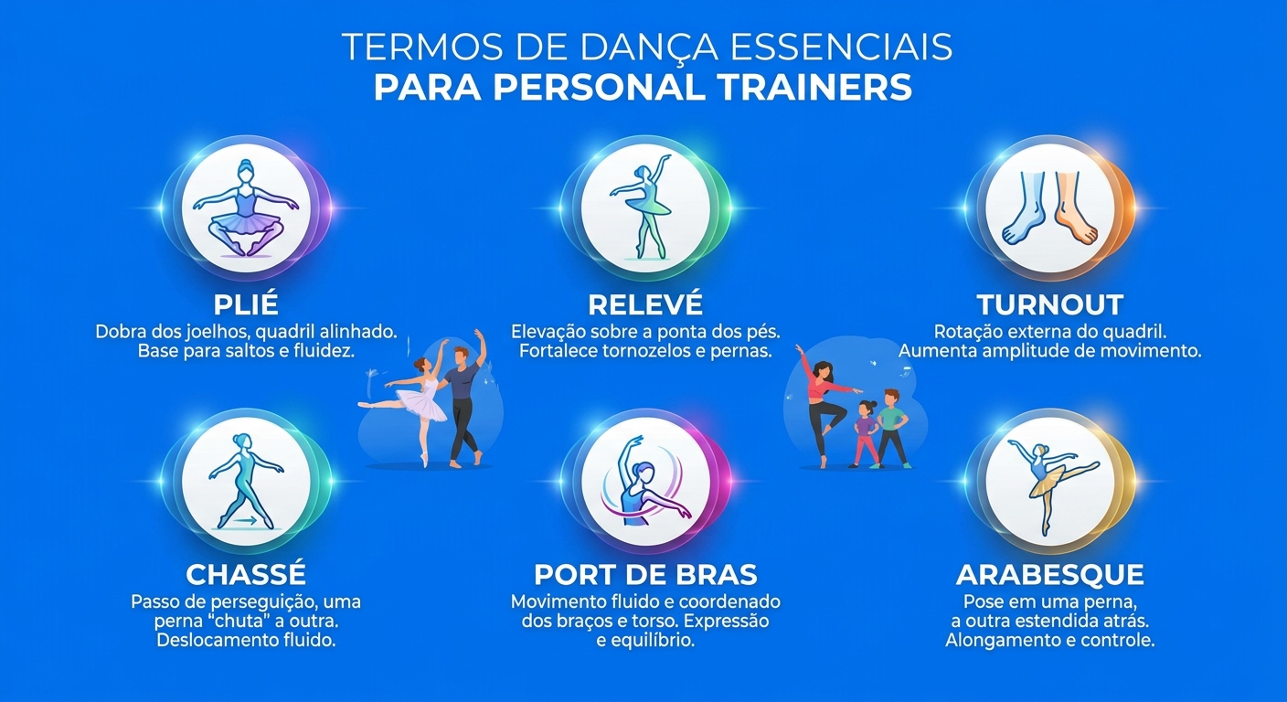 Infográfico com glossário de dança para personal trainer: plié, relevé, turnout, chassé, port de bras e arabesque