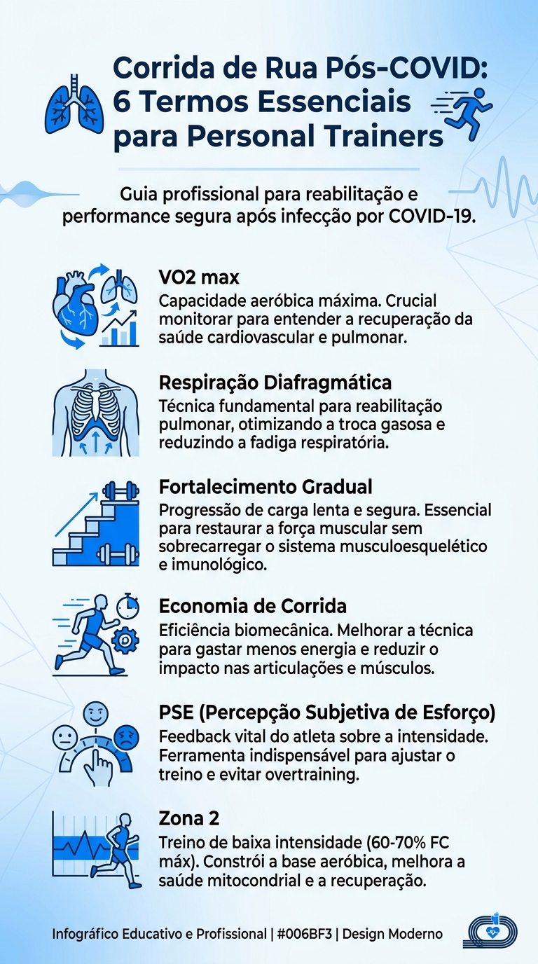 Infográfico com os 7 conceitos essenciais para personal trainer de corrida de rua no pós-COVID: VO2 max, Respiração Diafragmática, Fortalecimento Gradual, Economia de Corrida, PSE e Zona 2
