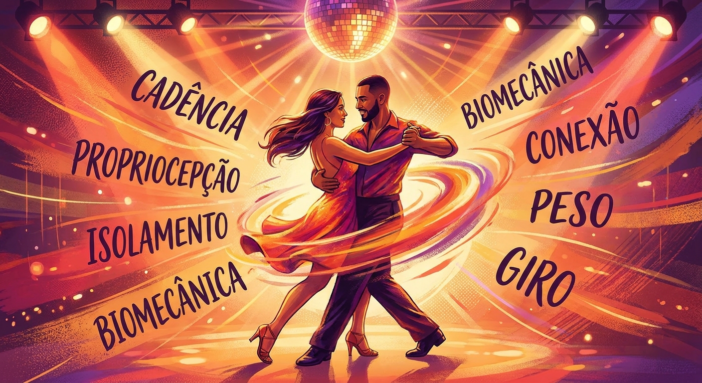 Professor de dança latina em ação com termos técnicos como cadência, propriocepção e isolamento muscular ao redor