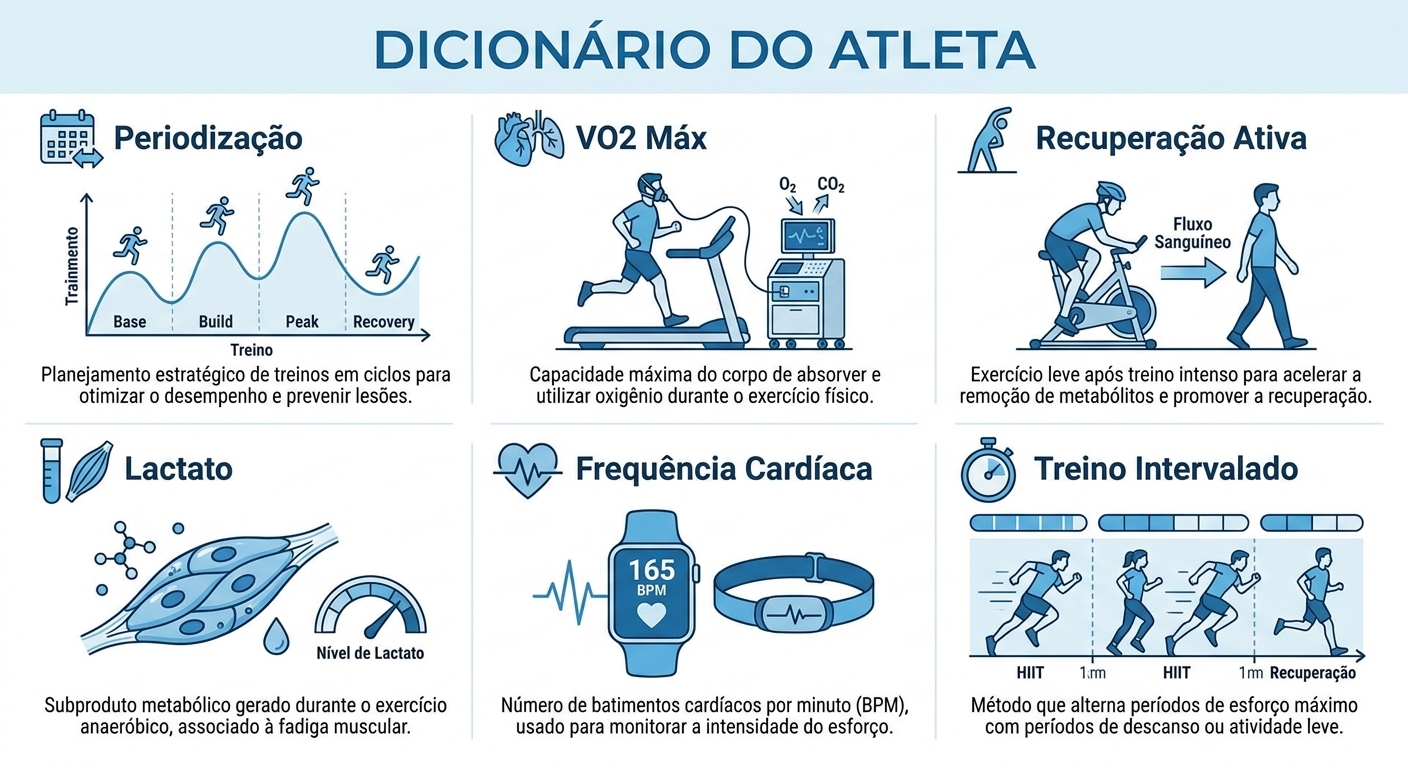 Glossário ilustrado do personal trainer de corrida de rua Infográfico glossário personal trainer com termos: periodização, VO2 máx, recuperação ativa, lactato, frequência cardíaca e treino intervalado