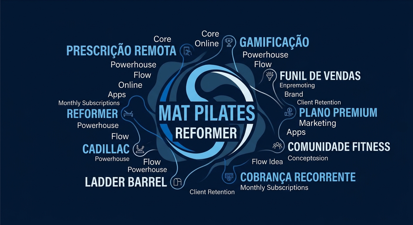 Glossário personal trainer pilates com nuvem de palavras: Mat Pilates, Reformer, Cadillac, prescrição remota, gamificação e funil de vendas.