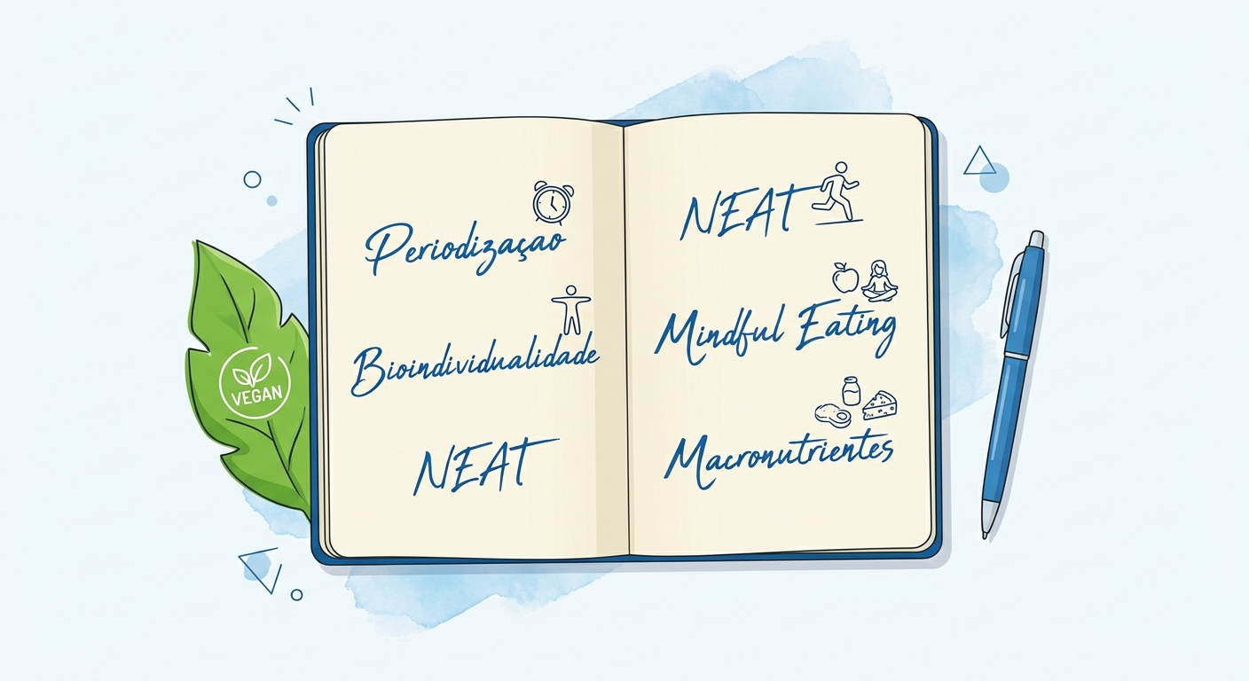 Caderno aberto com anotações de termos do glossário personal trainer vegano, ao lado de uma folha verde e caneta azul