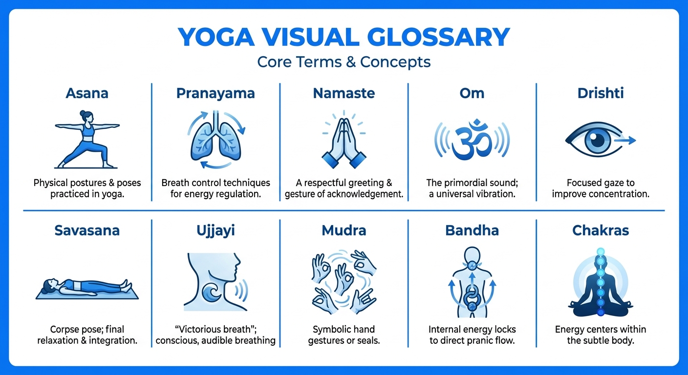 Tabela visual do glossário de yoga com termos como Asana, Pranayama, Namastê, Om, Drishti, Savasana, Ujjayi, Mudra, Bandha e Chakras