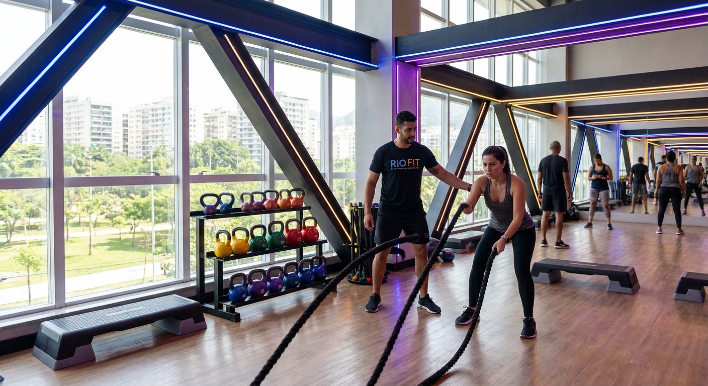 Glossário do Treinamento Funcional: Guia completo para o Personal Trainer Personal Trainer aplicando treinamento funcional com corda, kettlebell e steps em aluno