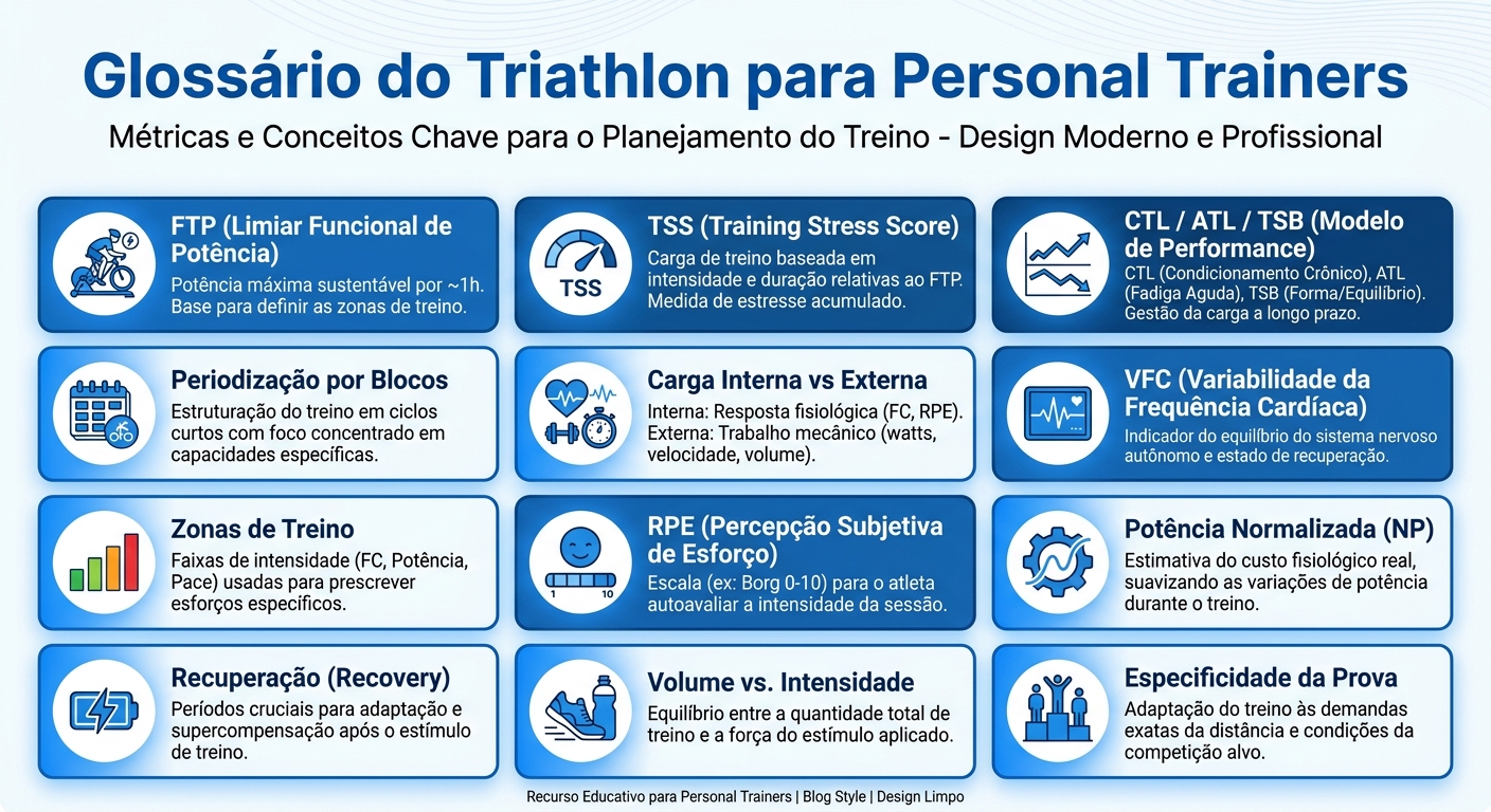 Glossário visual do triathlon com FTP, TSS, CTL, ATL, TSB, Periodização, Carga Interna/Externa, VFC, Zonas de Treino, RPE e Potência Normalizada
