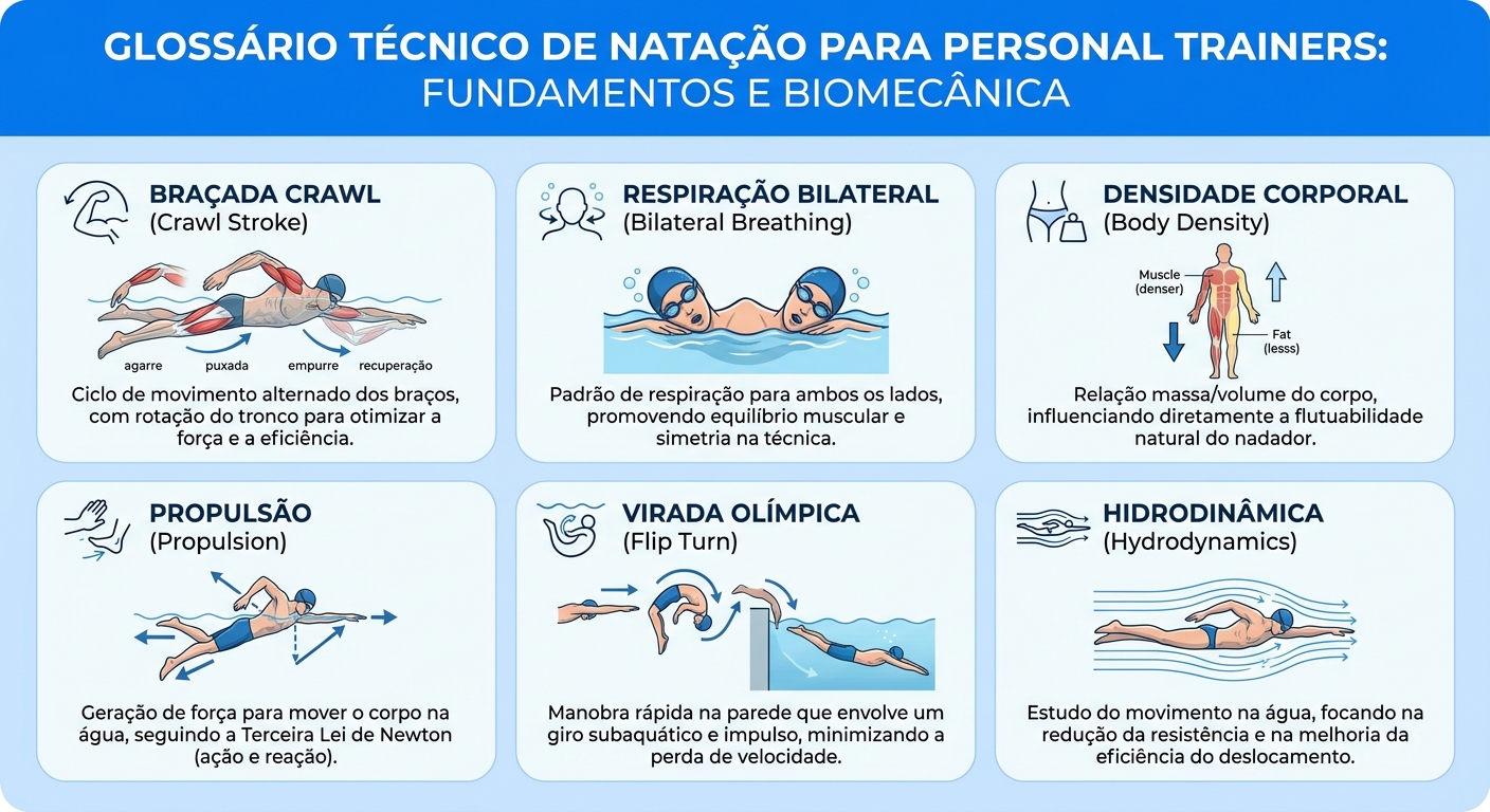 Infográfico com glossário visual dos principais termos técnicos de natação para personal trainers: braçada, respiração bilateral, densidade, propulsão, virada olímpica e hidrodinâmica