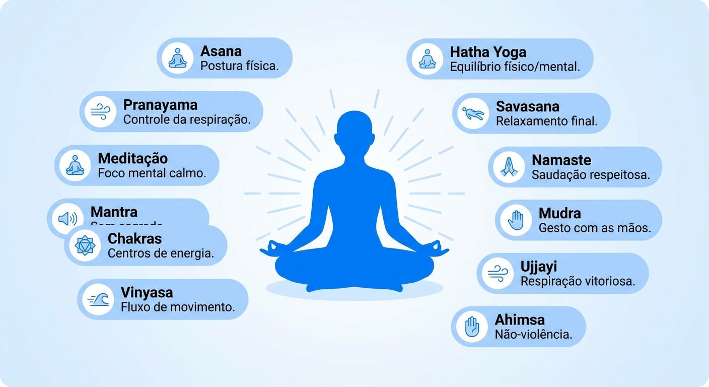 Glossário ilustrado de yoga para iniciantes com termos como Asana, Pranayama, Meditação, Mantra, Chakras, Vinyasa, Hatha Yoga, Savasana, Namaste, Mudra, Ujjayi e Ahimsa