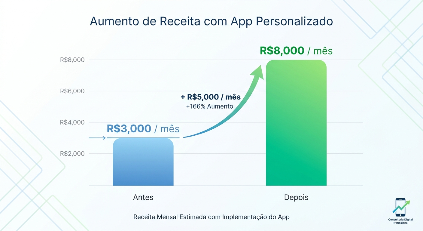 Gráfico mostrando aumento de receita de R$3.000 para R$8.000 com uso de app para personal trainer de calistenia