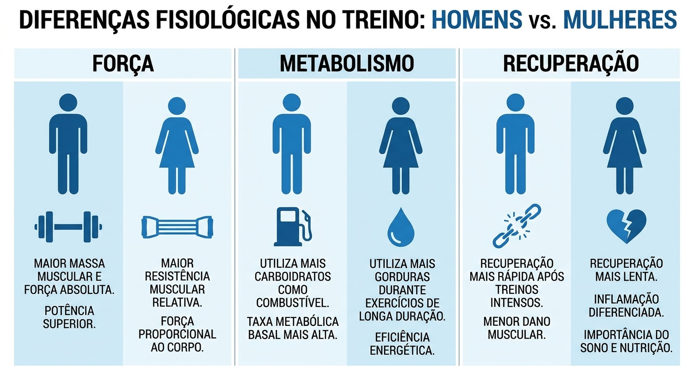 Gráfico comparativo mostrando as diferenças fisiológicas entre homens e mulheres no treino de força
