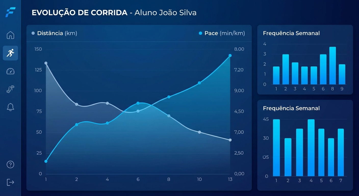 Evolução de desempenho de corrida acompanhada pelo aplicativo personalizado Gráfico de evolução de corrida mostrando progresso de aluno em distância, pace e frequência semanal no aplicativo para coach de corrida Personal Millbody