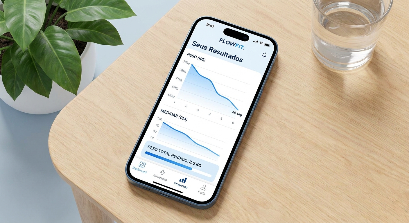 Acompanhamento de resultados com gráfico no app Gráfico de evolução de emagrecimento no app personalizado