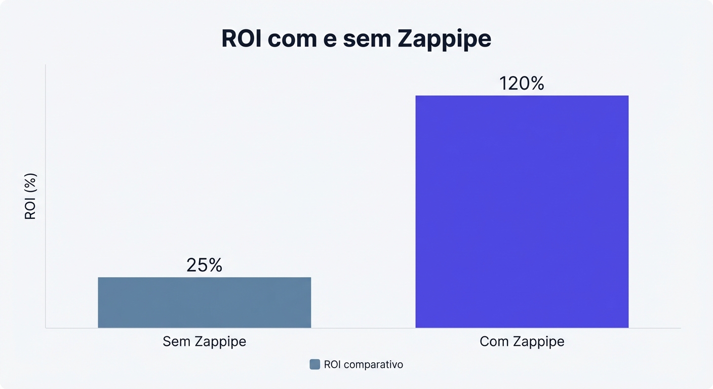 Gráfico comparativo mostrando o aumento do ROI (Retorno sobre Investimento) ao usar o CRM Zappipe com IA.