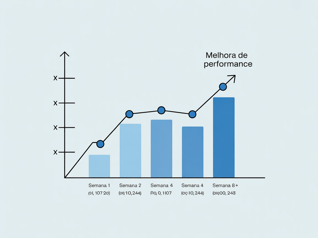 Gráfico mostrando a timeline de resultados esperados para um iniciante ao tomar creatina, com marcos em semanas.