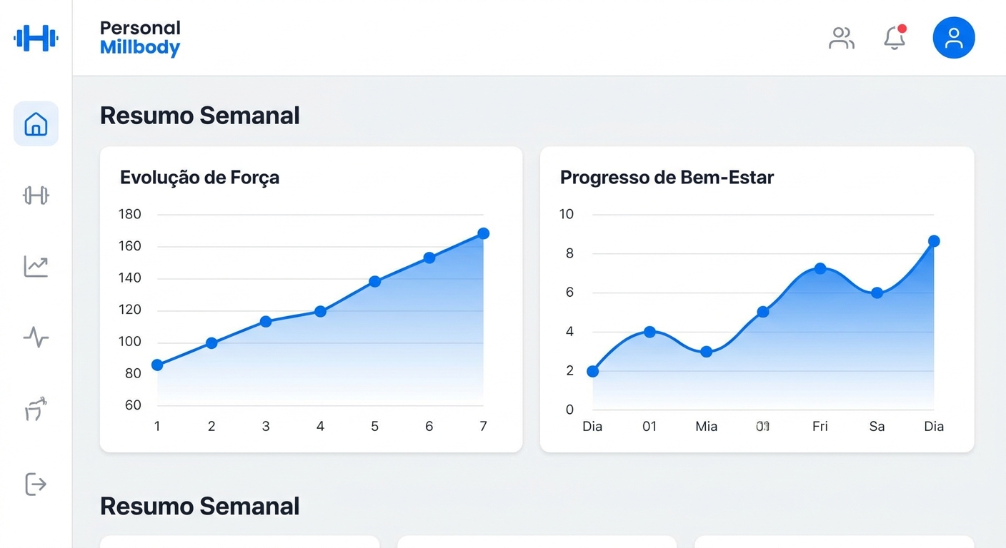 Gráficos de evolução de treinos em aplicativo para personal trainer gestantes