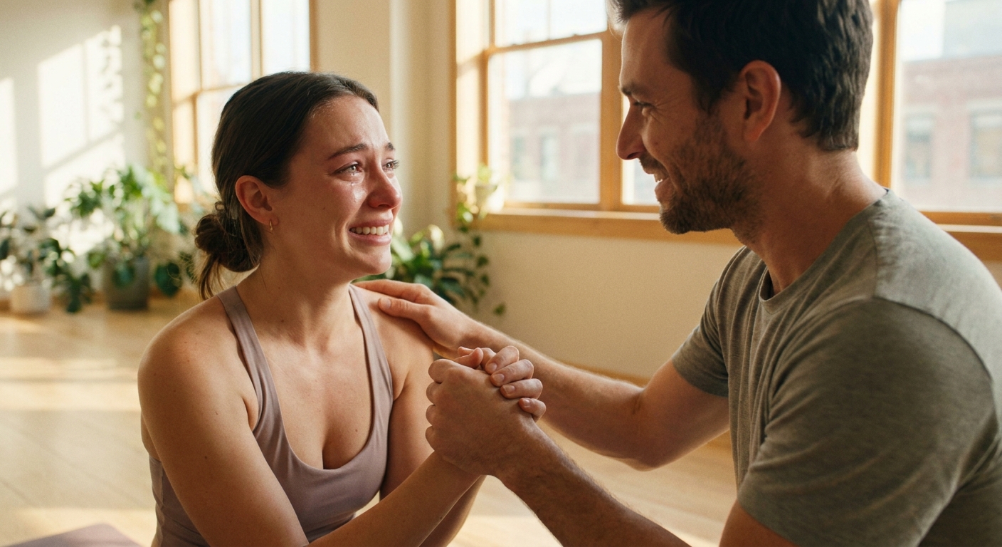 Professor de educação física e aluno em momento de gratidão após treino funcional, com iluminação natural e ambiente acolhedor