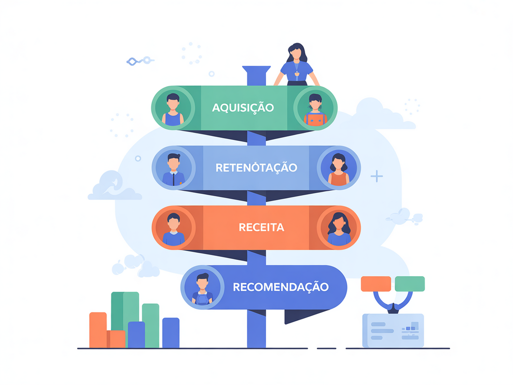 Ilustração do Funil de Growth Hacking AARRR: Aquisição, Ativação, Retenção, Receita e Recomendação, mostrando o caminho do cliente.