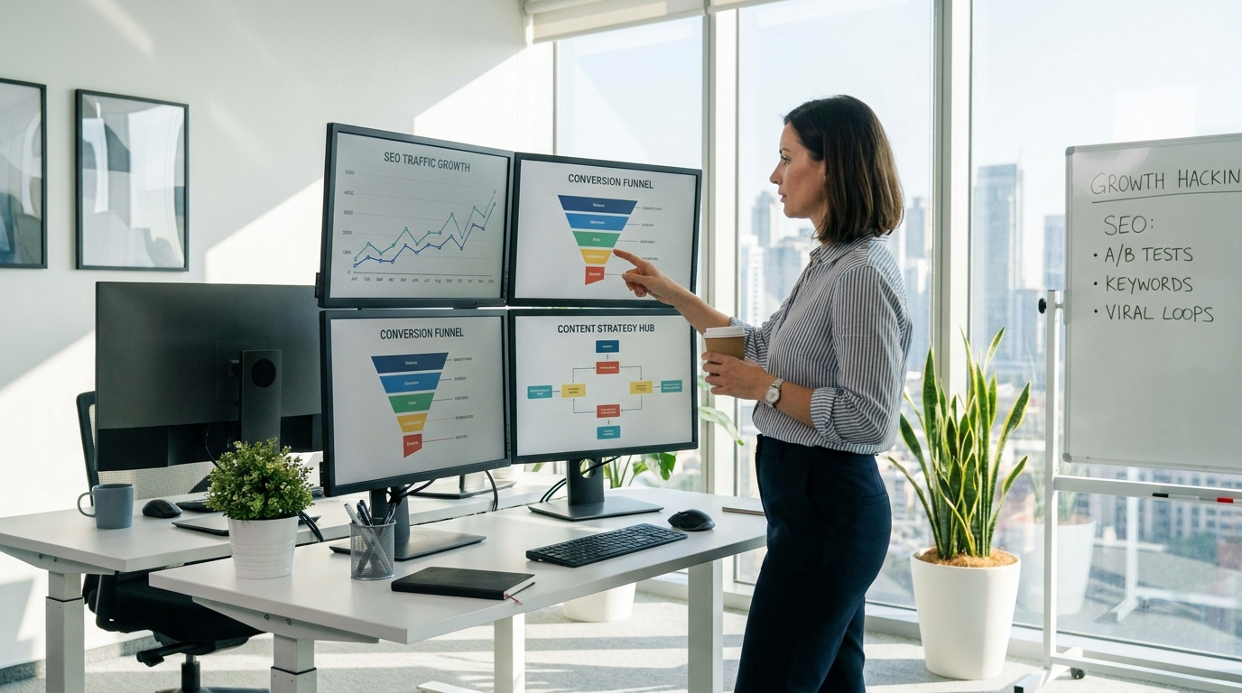 Growth Hacking e SEO: estratégia de conteúdo com dados, telas de análise e gráficos de crescimento