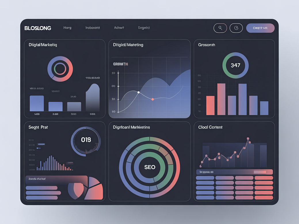 Painel de marketing digital com gráficos de Growth Hacking e SEO para aceleração de negócios
