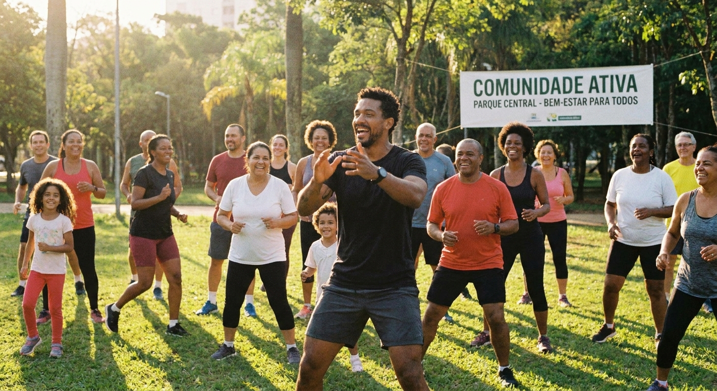 Grupo de alunos treinando ao ar livre demonstrando motivação e energia da comunidade em programa de coaching transformacional