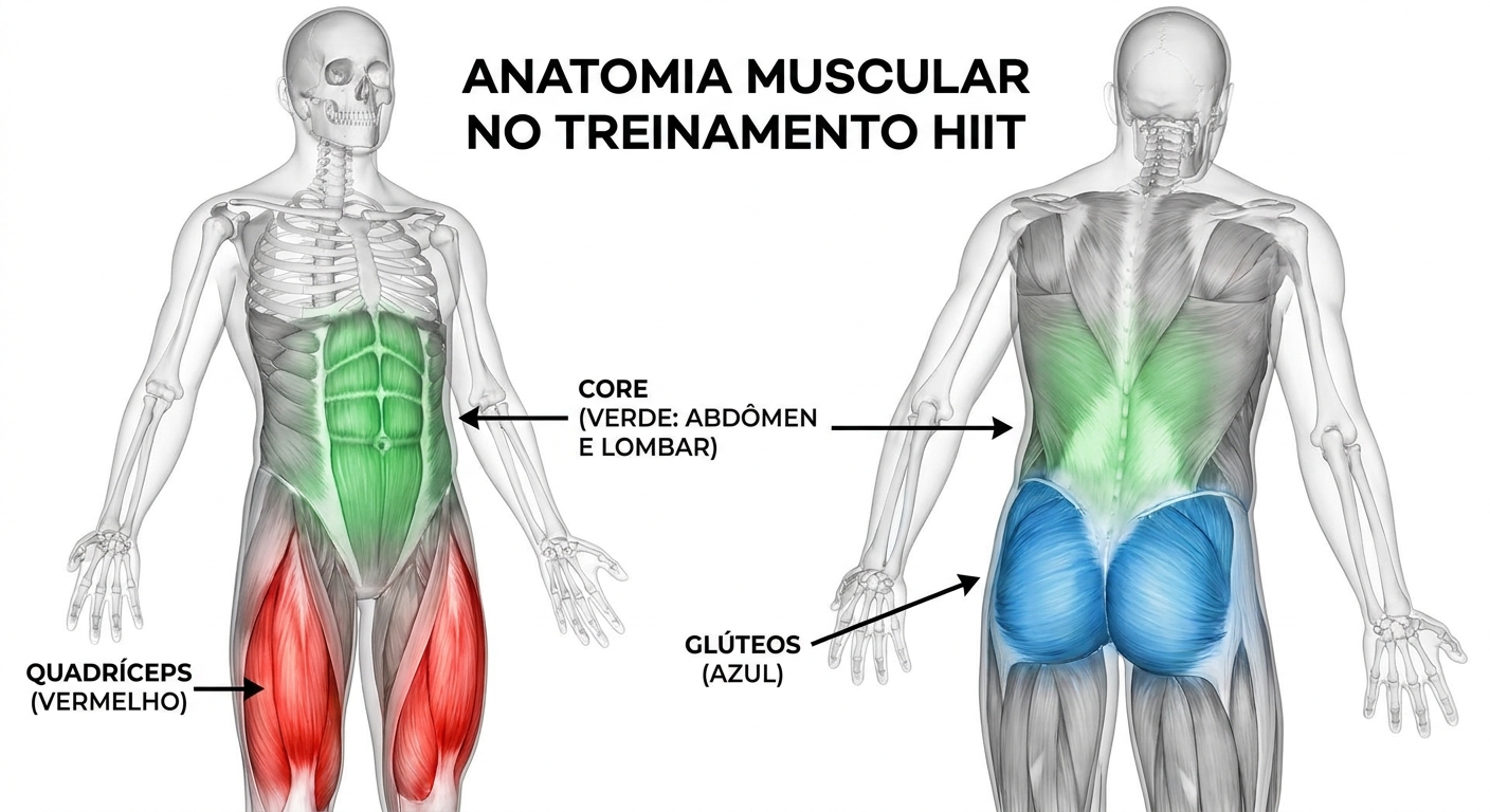 Esquema corporal destacando grupos musculares recrutados no HIIT: quadríceps, glúteos e core