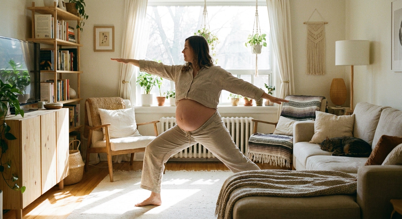 Gestante praticando yoga em casa usando app de yoga para gestantes