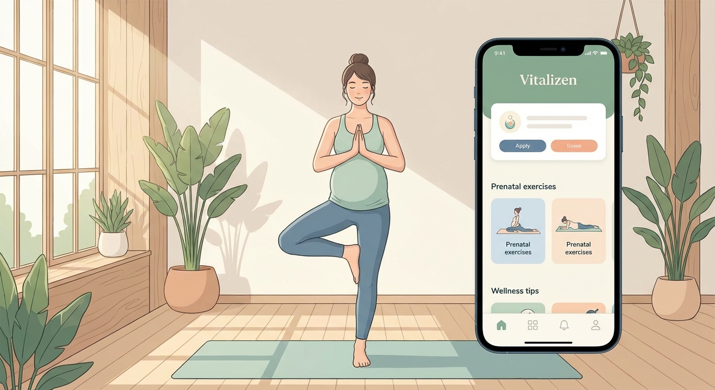 Mulher grávida praticando yoga em casa com a ajuda de um tablet, ilustrando o uso de um app de yoga para gestantes.