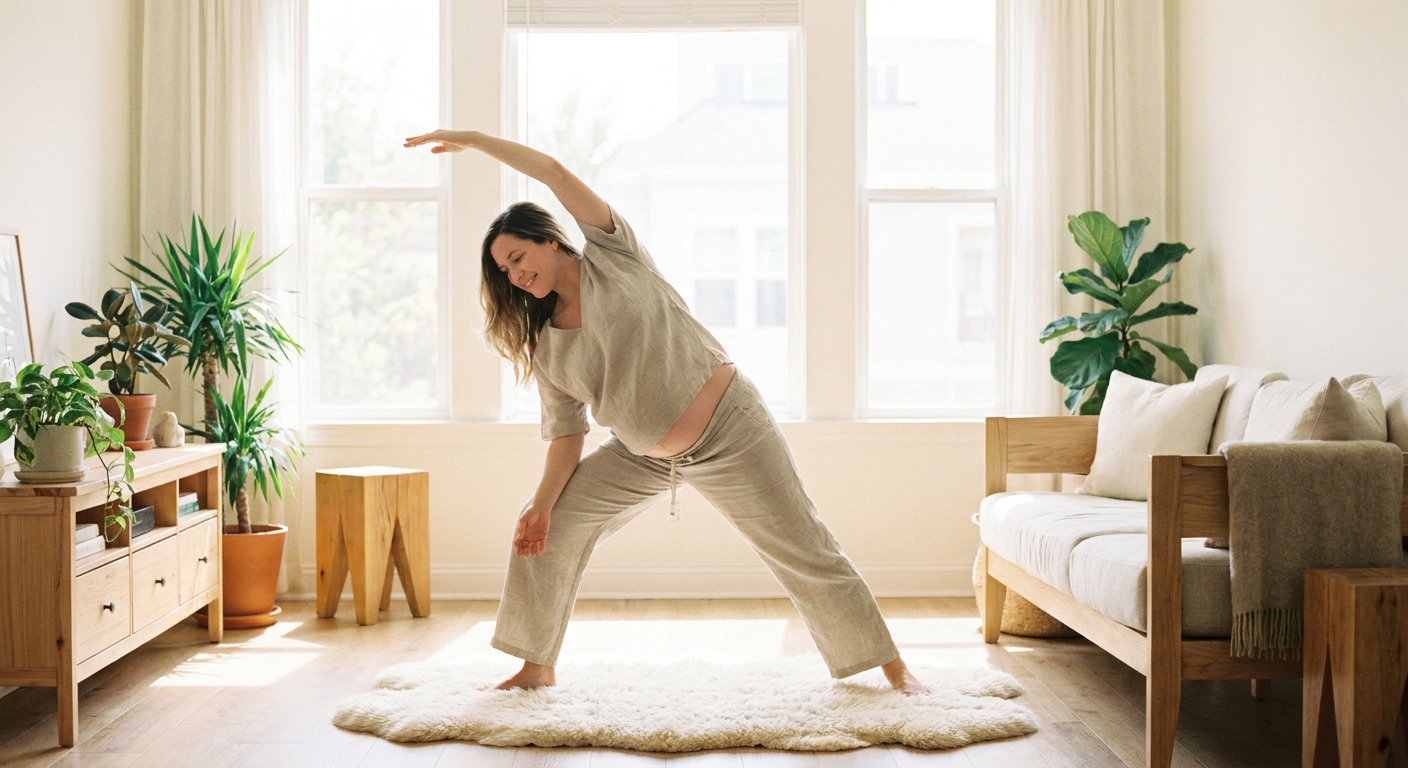 Mulher grávida praticando yoga em casa usando app de yoga para gestante no smartphone