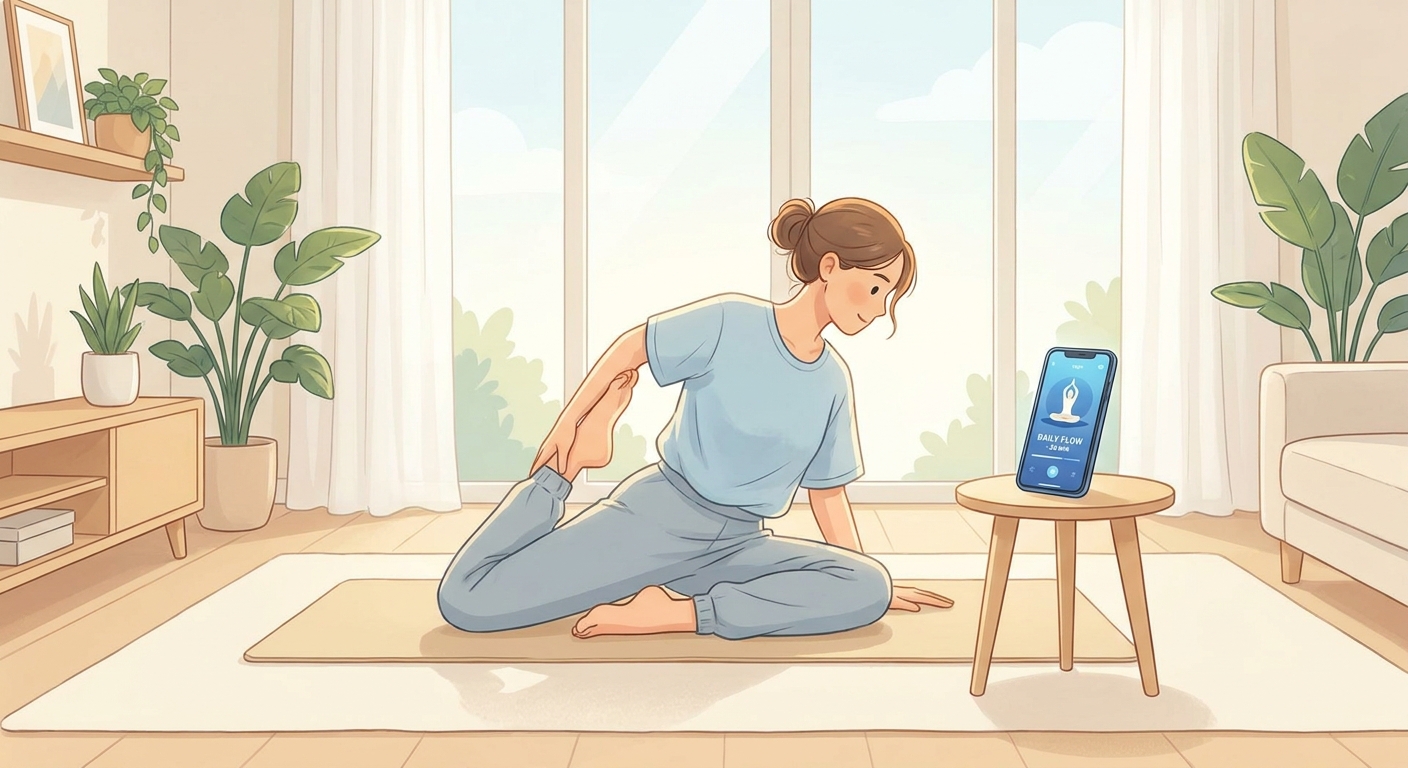 Jovem praticando yoga em casa com celular ao lado mostrando app de yoga Vitalizen