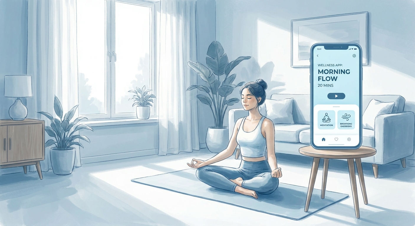 App de yoga para iniciantes: jovem praticando yoga em casa com luz natural e celular com app aberto