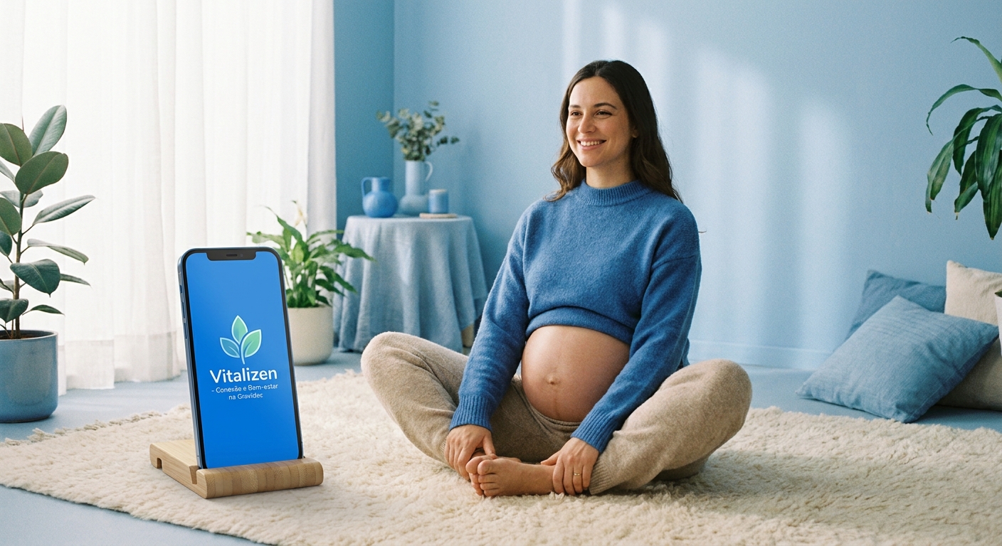 Gestante praticando yoga com o app Vitalizen — melhor app de yoga para gestantes