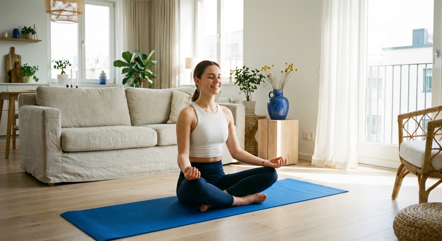 Mulher praticando yoga em casa usando tablet com app Vitalizen aberto, representando como escolher o melhor app de yoga para iniciantes em 2026