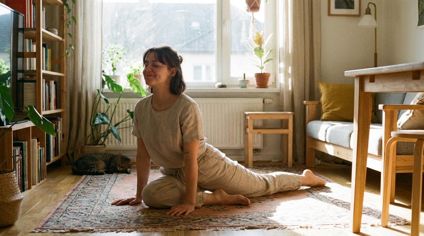 Mulher iniciante praticando yoga em casa usando aplicativo no smartphone, representando o melhor app de yoga para iniciantes