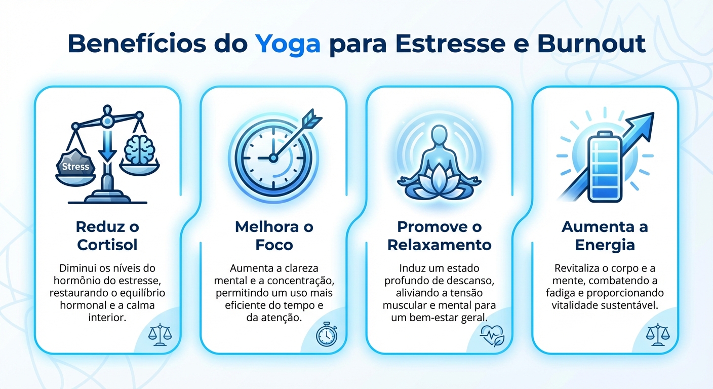 Infográfico ilustrando os benefícios do yoga para reduzir estresse, ansiedade e prevenir burnout