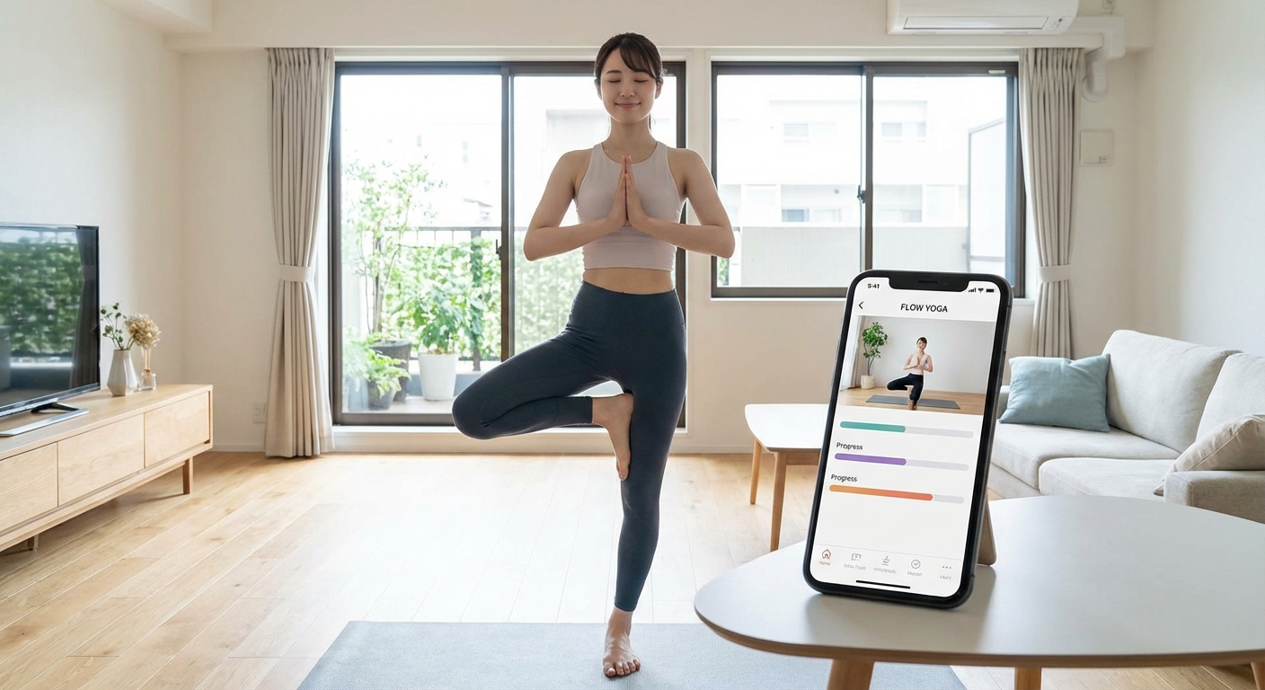 Mulher praticando yoga em casa usando o melhor app de yoga no smartphone, demonstrando prática guiada por aplicativo