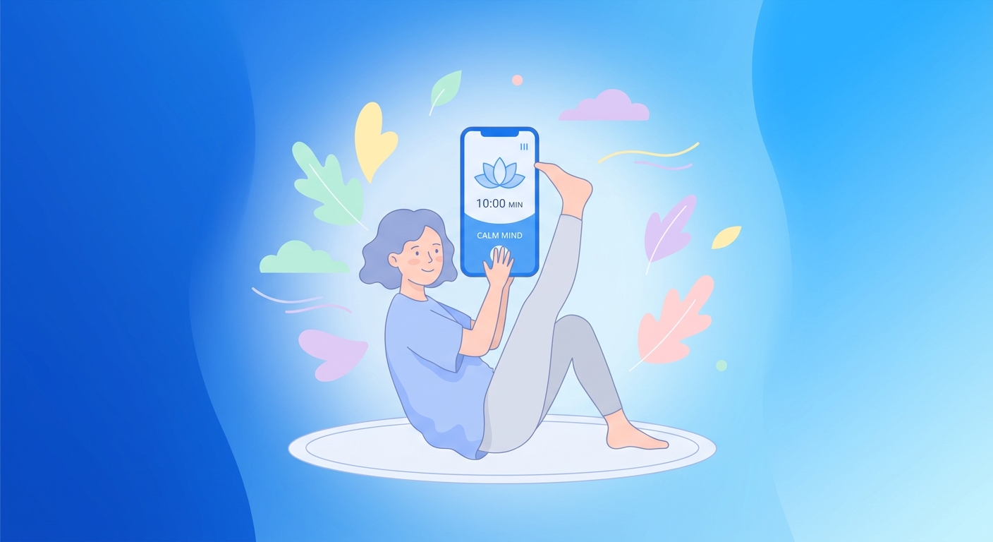 melhor app de yoga 2026 - Jovem praticando yoga em casa com auxílio do aplicativo Vitalizen no celular, com interface em tons de azul