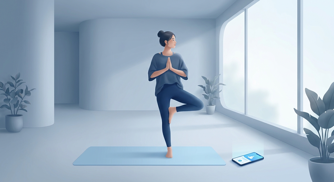 Guia para escolher o melhor app para yoga em 2026 - Vitalizen App com tons azuis calmantes e pessoa em posição de yoga