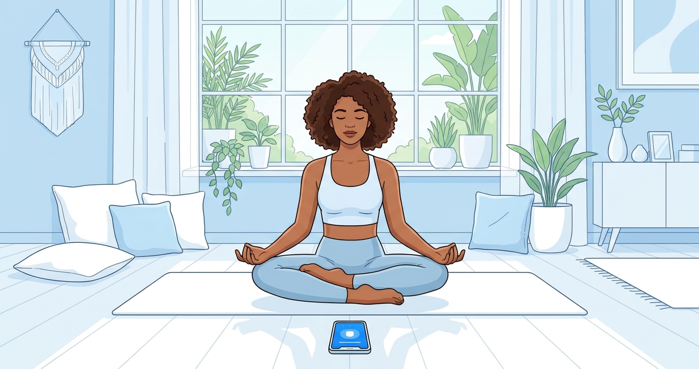 Melhor app para yoga em 2026: aplicativo Vitalizen com interface azul relaxante e mulher praticando em casa