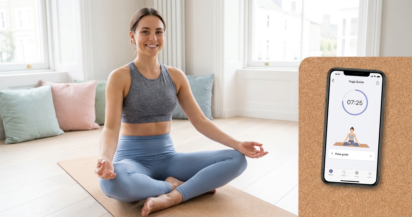 Jovem praticando yoga em casa com celular mostrando app de yoga Vitalizen