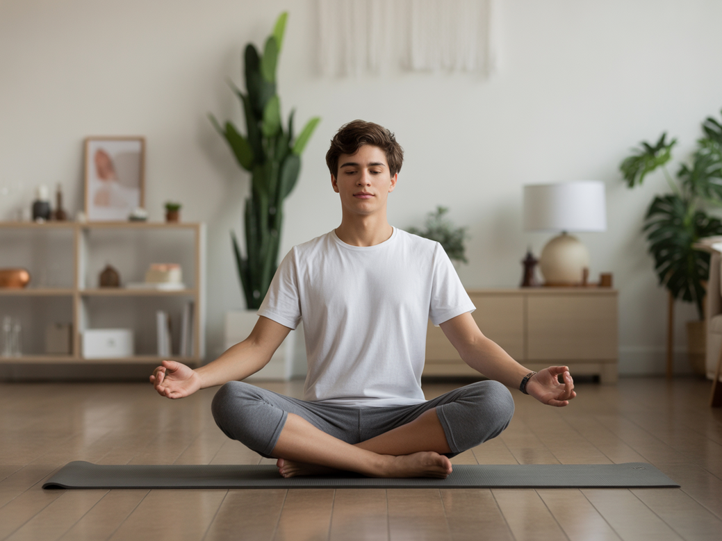Jovem mulher usando o melhor app para yoga em casa, demonstrando como a prática combate o estresse e o burnout em 2026.