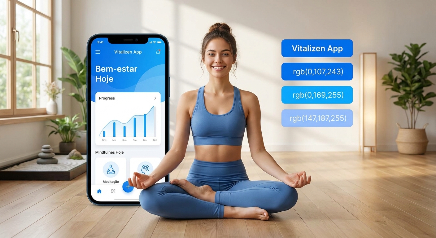 Jovem em posição de lótus com smartphone mostrando o Vitalizen App, o melhor app para yoga