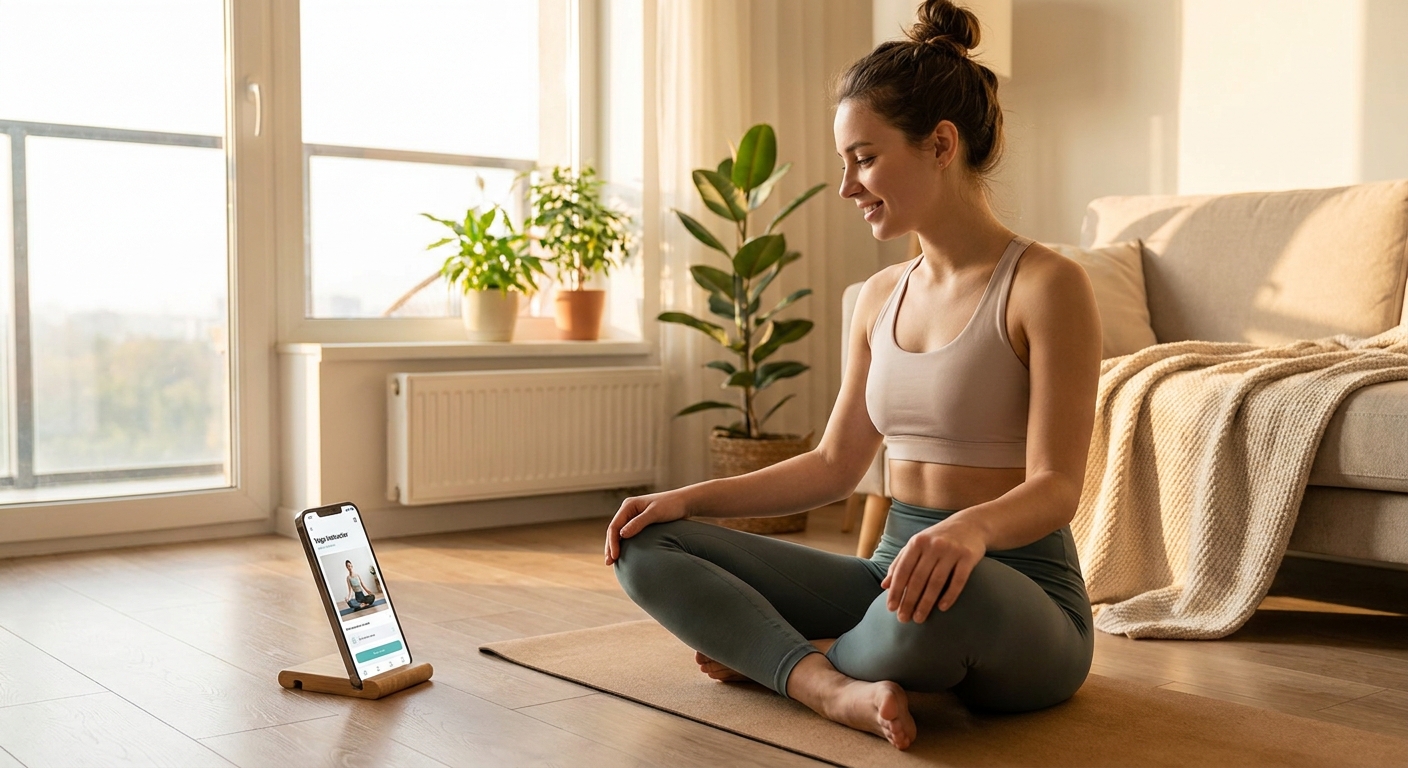 Jovem praticando yoga em casa usando smartphone com app de yoga, representando a praticidade do yoga online