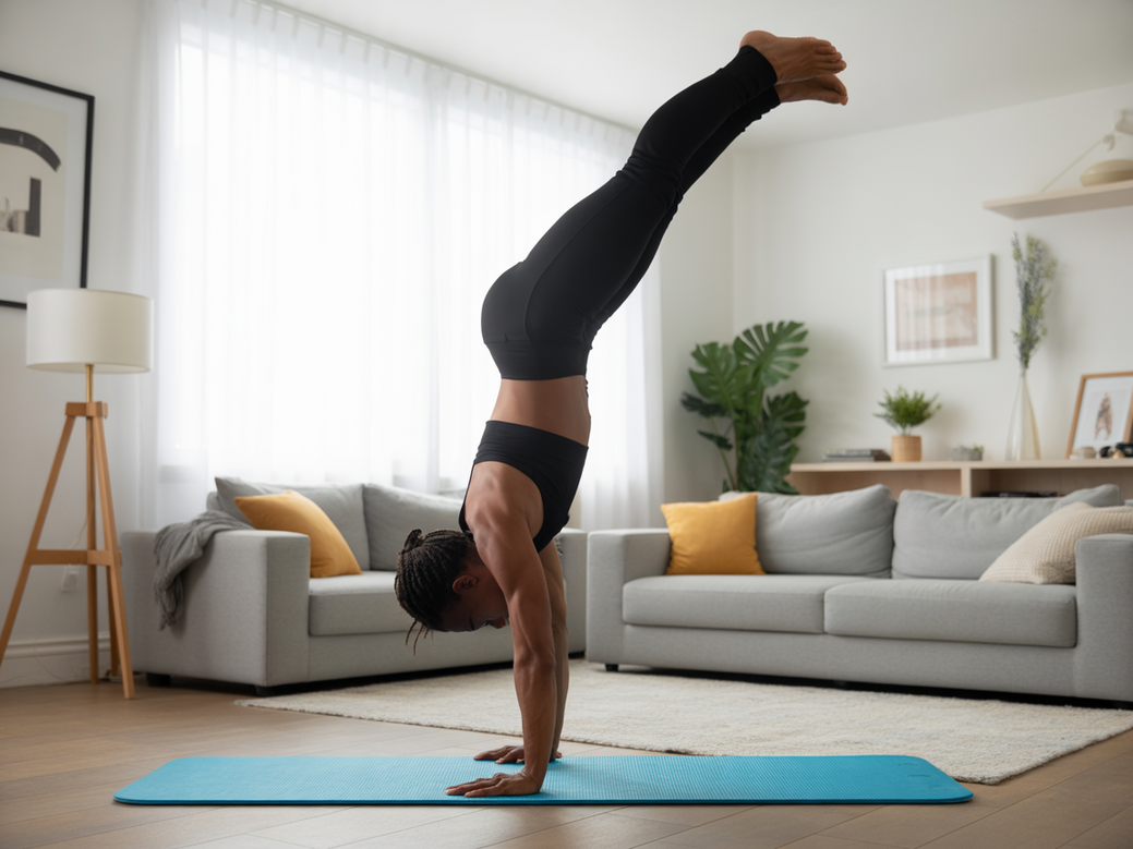 Atleta praticando uma progressão de parada de mão contra a parede, exercício avançado de ombro em casa.
