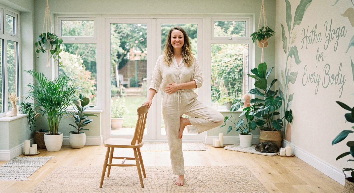 Mulher praticando Hatha Yoga em ambiente calmo, demonstrando postura básica de yoga para iniciantes