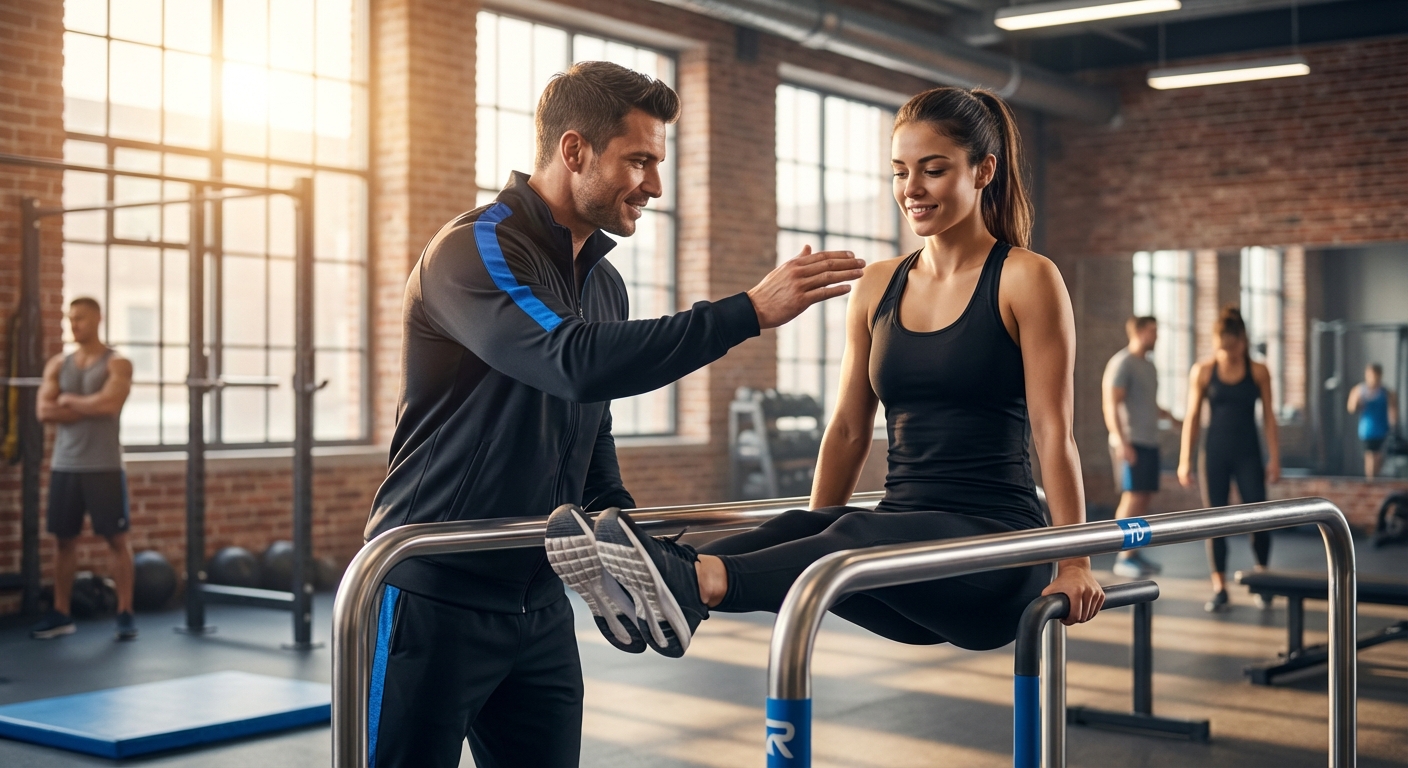 Instrutor de calistenia atuando como head coach e orientando aluno em barras paralelas